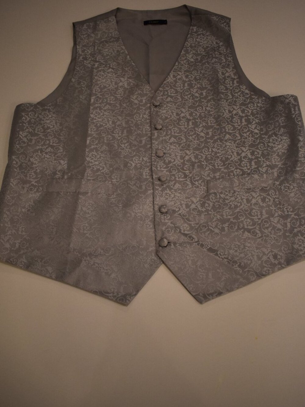 Men's Large FAIMO Silver Gray Floral Jacquard Tuxedo Vest Wedding Formal Prom